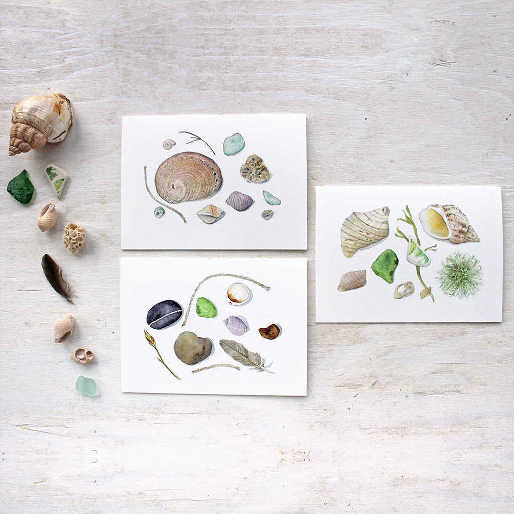 Note cards featuring shells, stones, sea glass and other beach treasures painted in watercolor by Kathleen Maunder