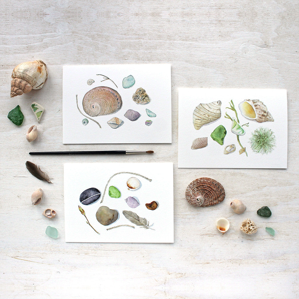 Note cards featuring shells, stones, sea glass and other beach treasures painted in watercolor by Kathleen Maunder