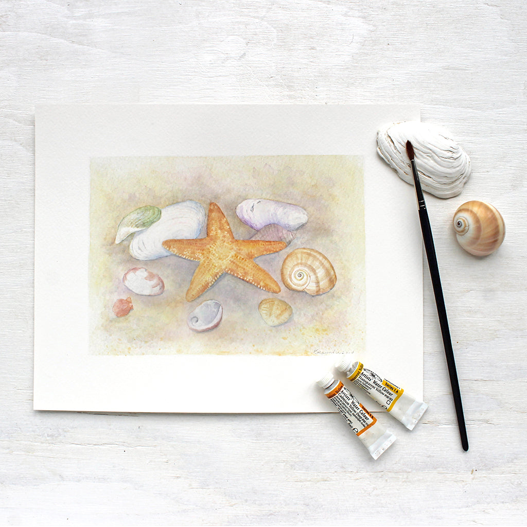 Art print depicting a watercolor painting of a collection of sea shells and a starfish. Artist Kathleen Maunder.