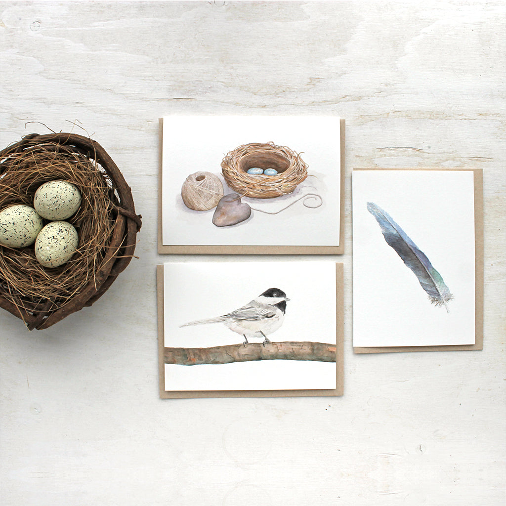 Set of three watercolor note cards including a bird nest, chickadee and blue feather card.