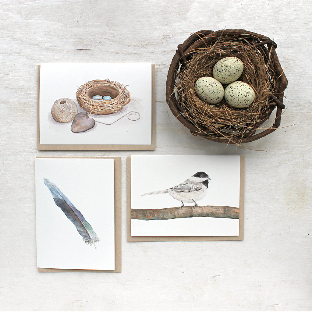 A set of three bird-related watercolor  note cards by Kathleen Maunder, trowelandpaintbrush