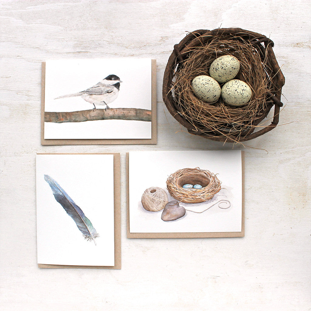Set of three bird note cards featuring watercolors by Kathleen Maunder