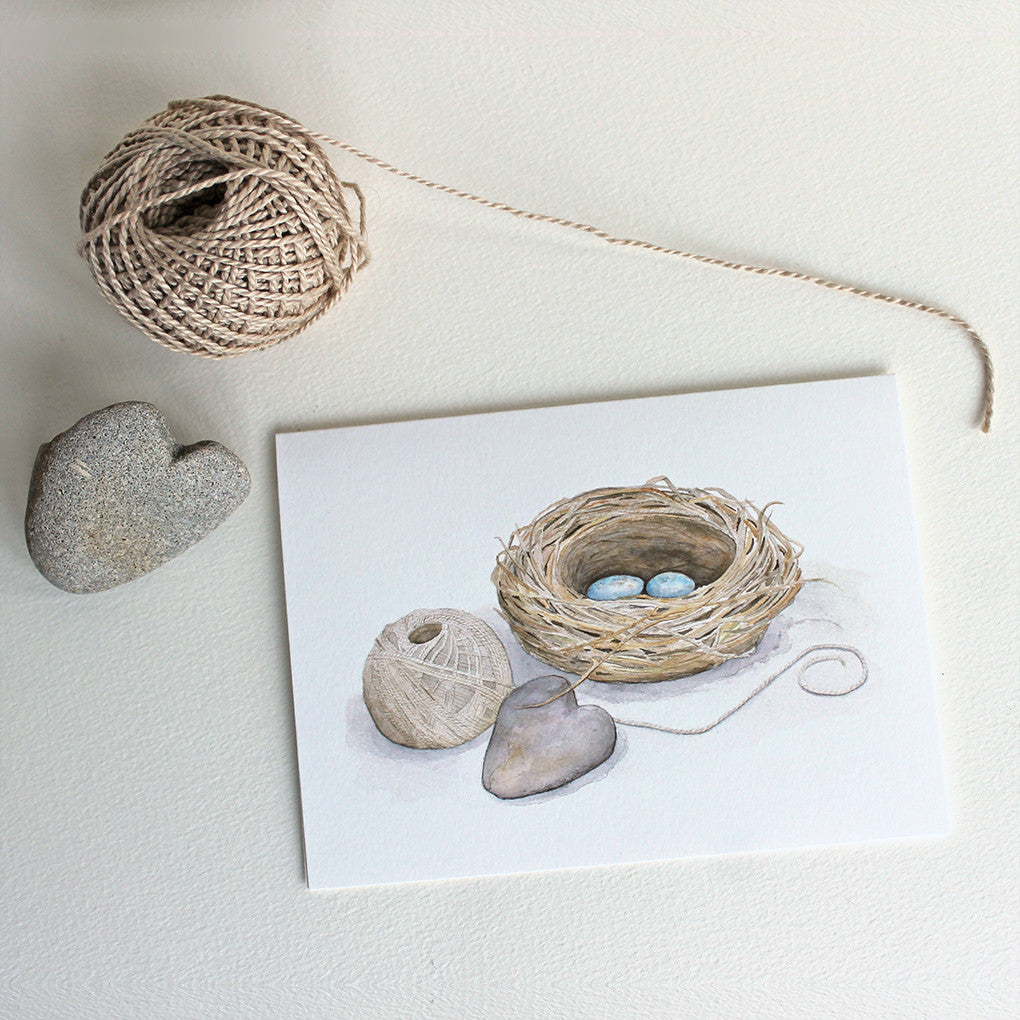 Bird nest watercolour note card by Kathleen Maunder of Trowel and Paintbrush