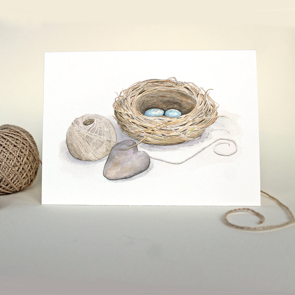 Bird nest watercolour note card by Kathleen Maunder of Trowel and Paintbrush