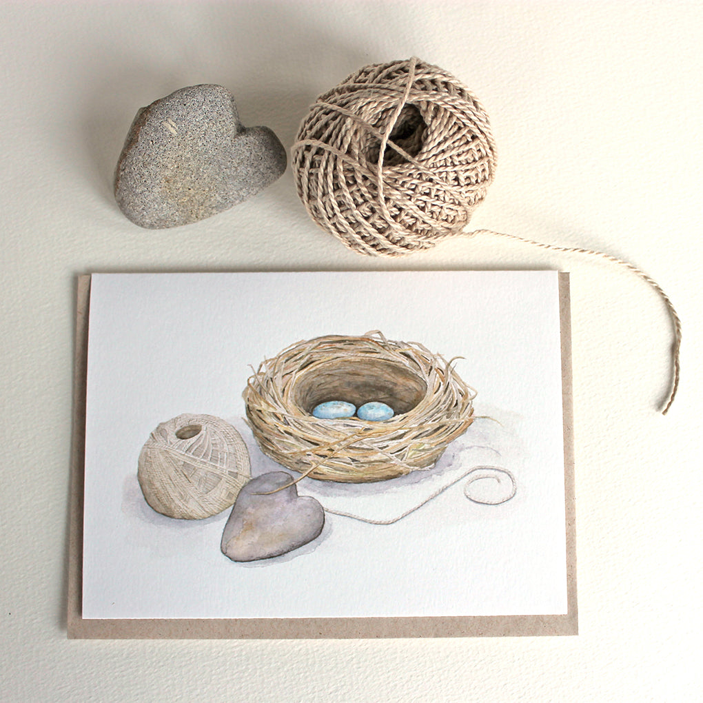 Bird nest watercolor note card by Kathleen Maunder of Trowel and Paintbrush