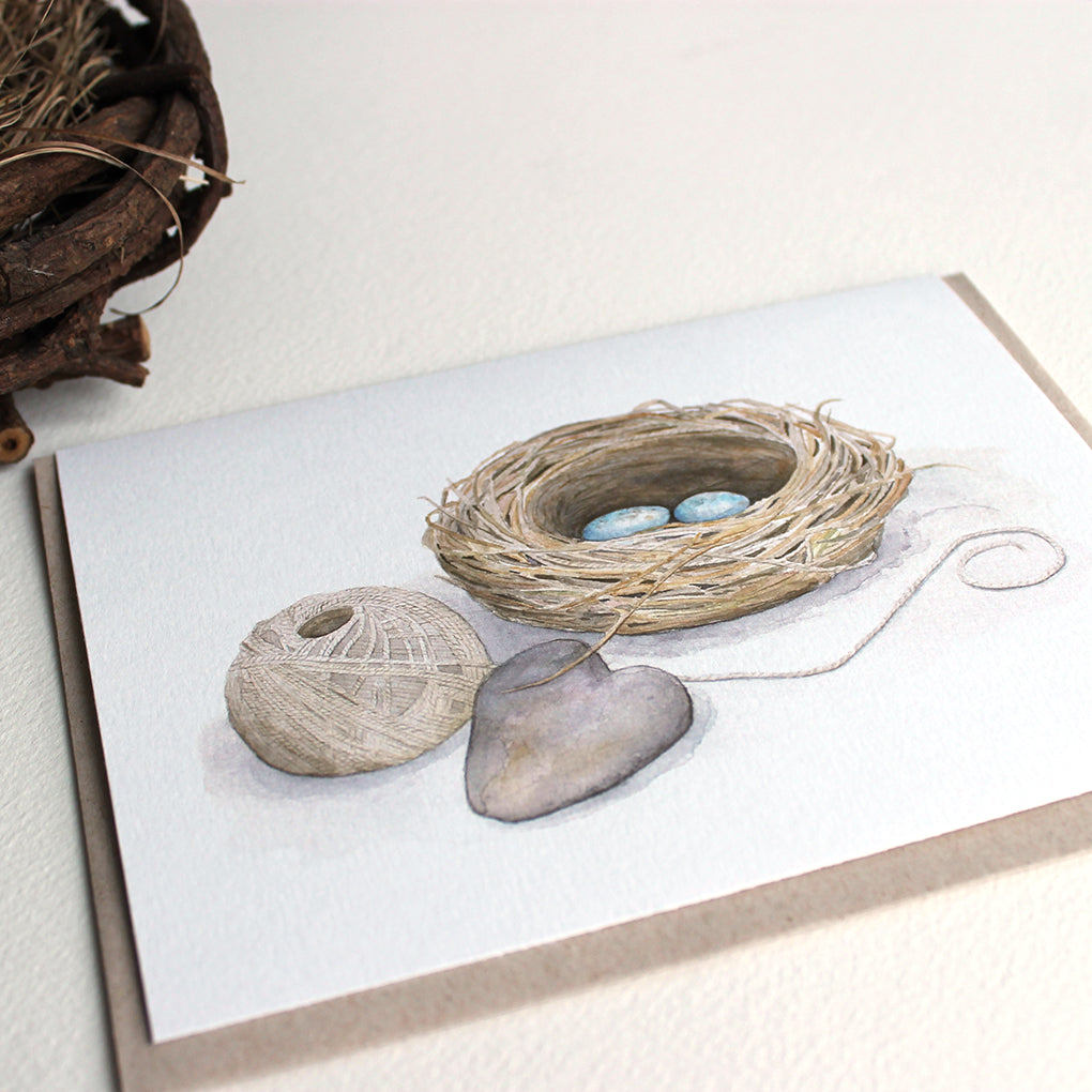 Bird nest watercolour note card by Kathleen Maunder of Trowel and Paintbrush