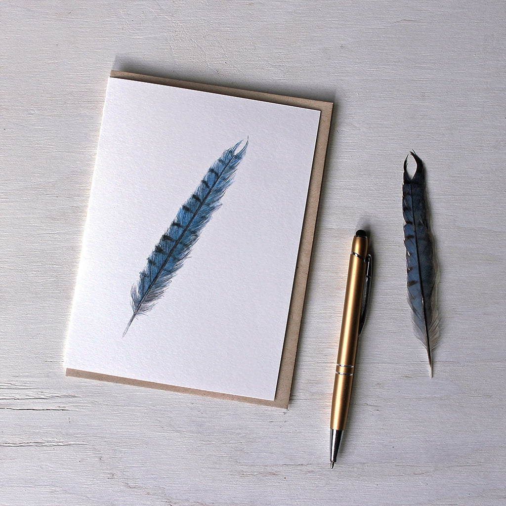 Note card featuring a watercolor painting of a blue jay feather. Artist Kathleen Maunder. 