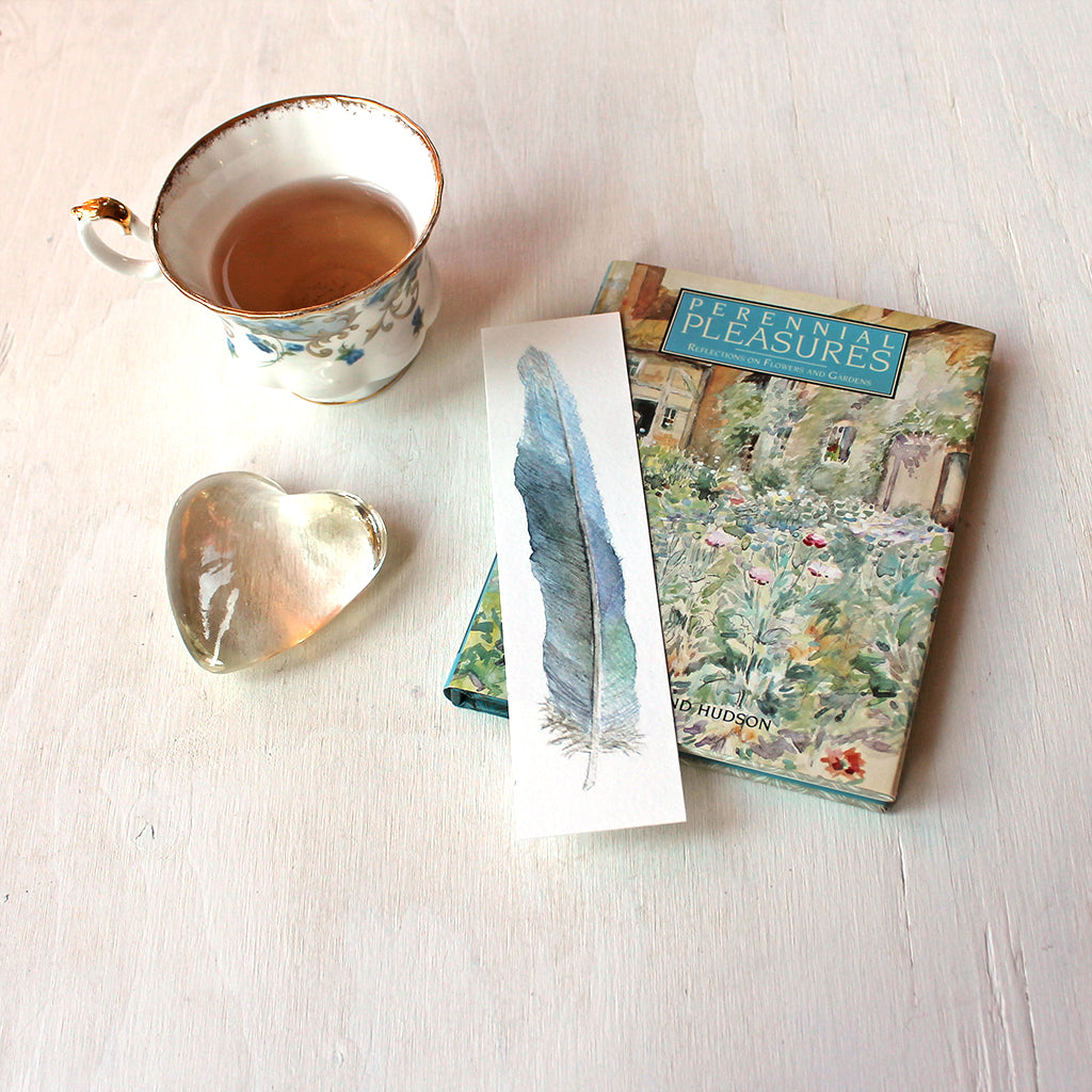Blue feather watercolor bookmark by artist Kathleen Maunder