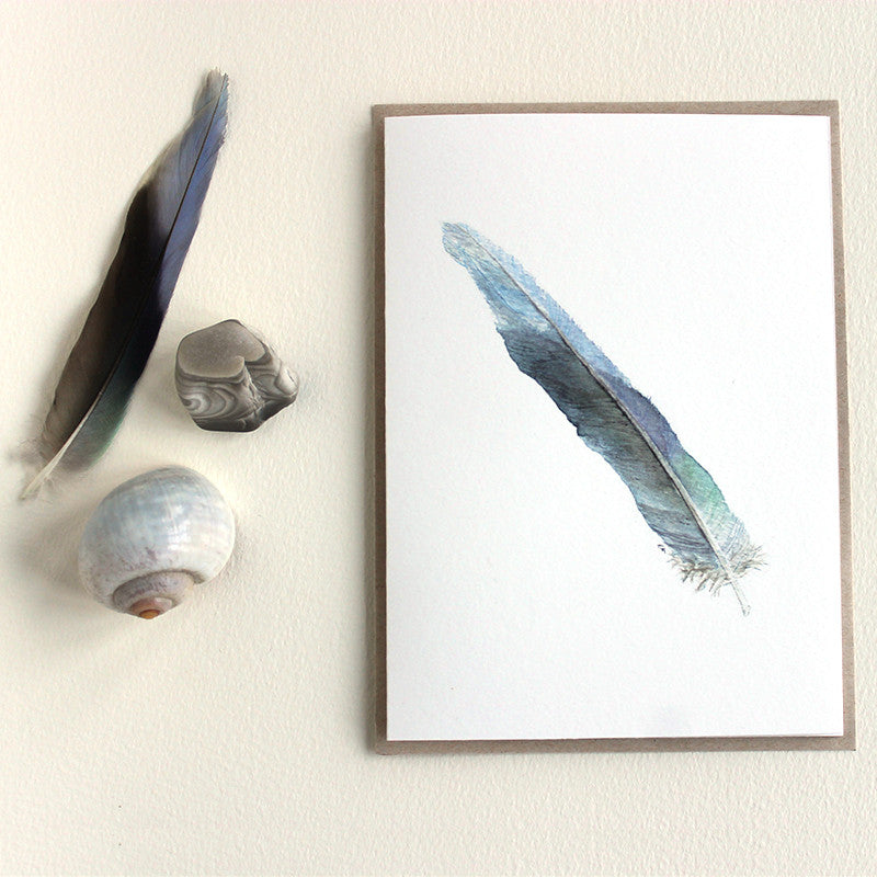 Blue feather watercolor note card by artist Kathleen Maunder