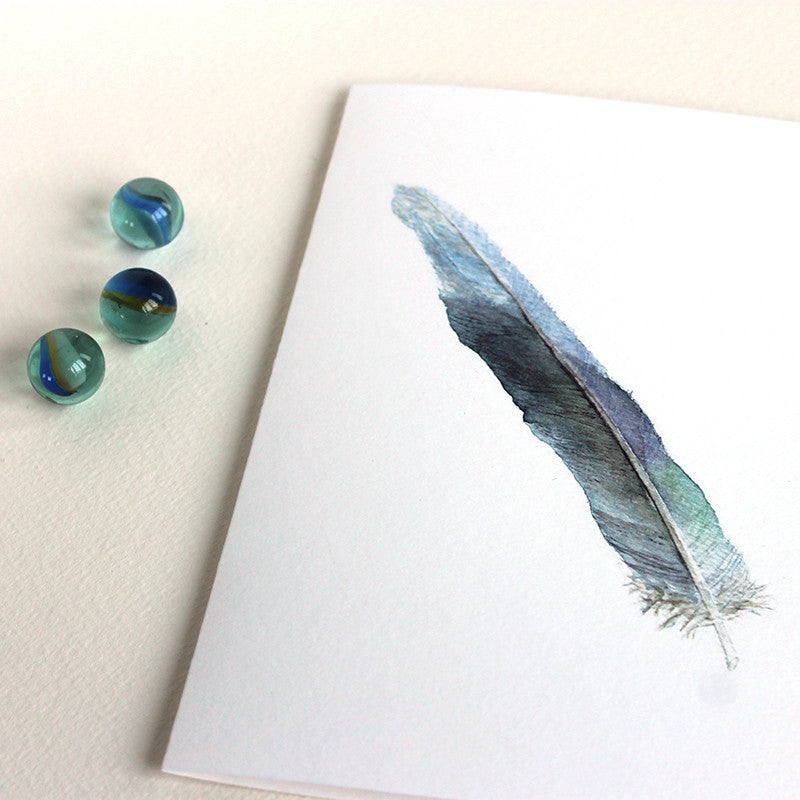 Blank greeting card with a feather art by watercolor artist Kathleen Maunder