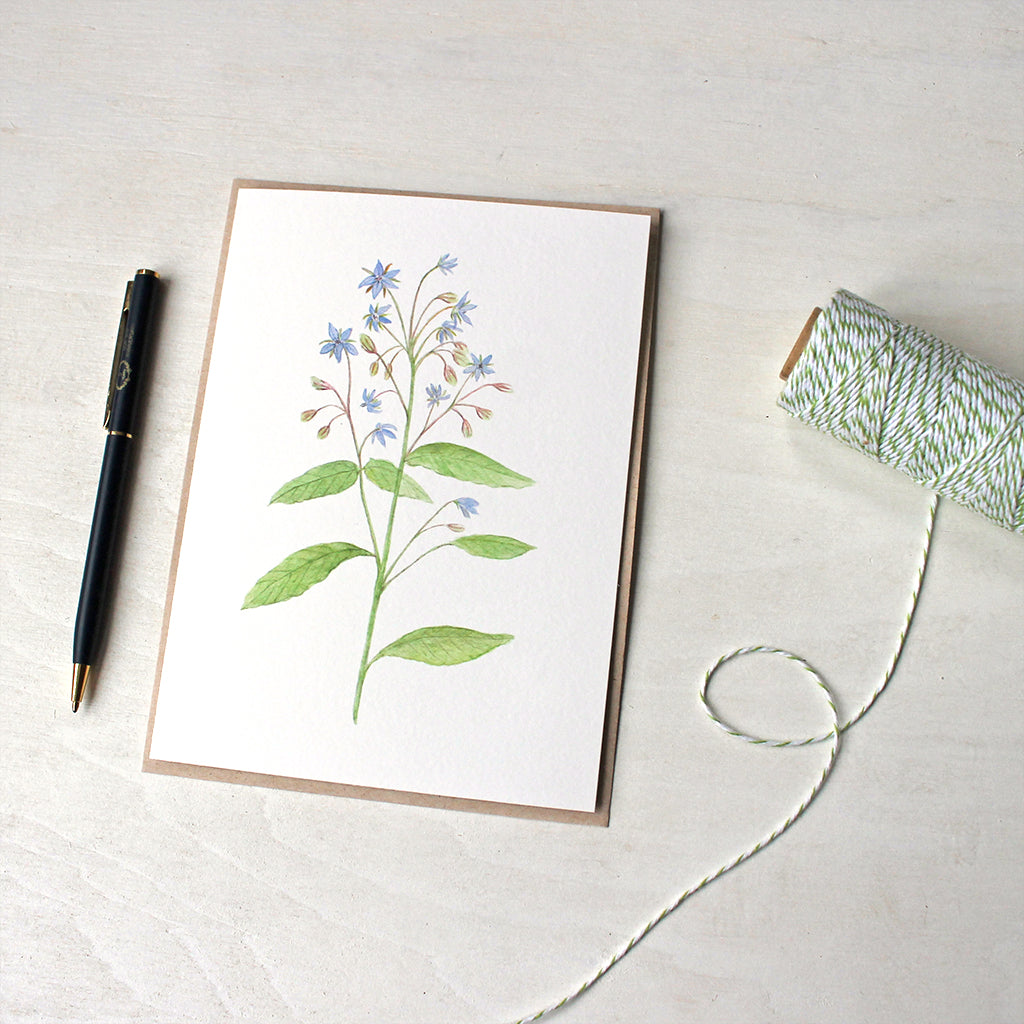 Note card featuring a watercolor painting of borage by Kathleen Maunder