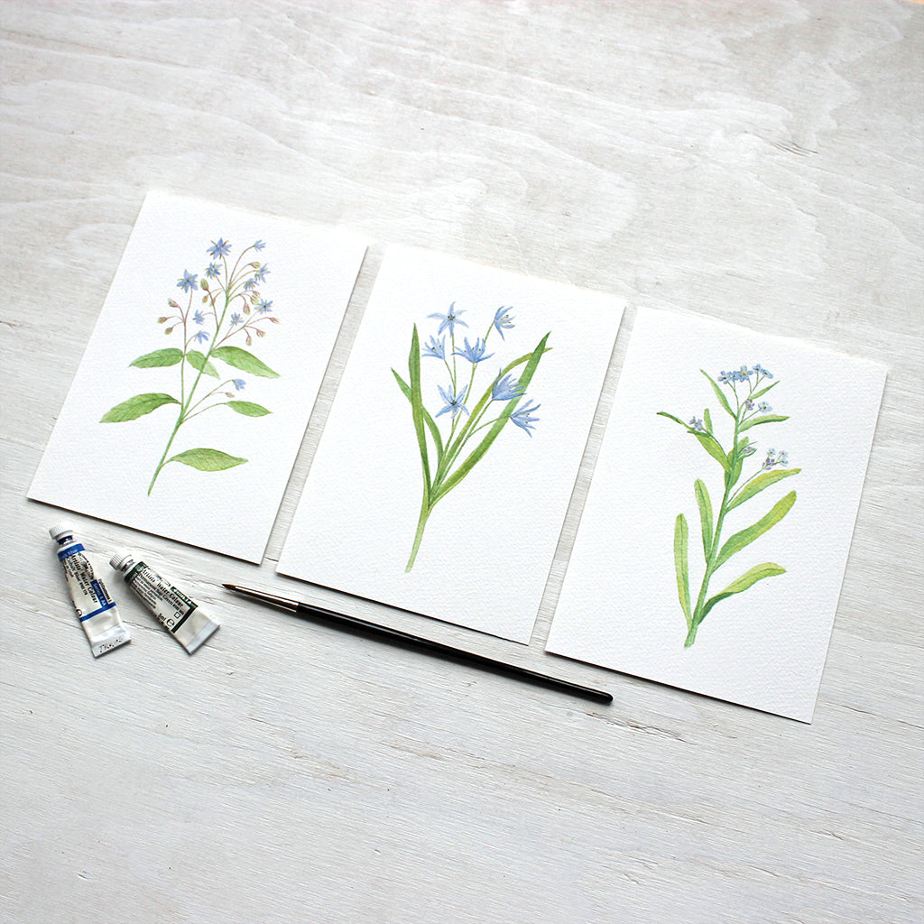 Set of three blue botanical prints - Borage, scilla and forget-me-nots - Watercolor art by Kathleen Maunder