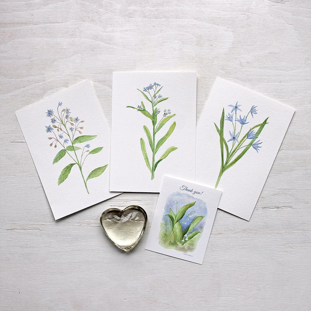 Blue watercolour prints - Set of three - Borage, Scilla and Forget-me-nots by artist Kathleen Maunder
