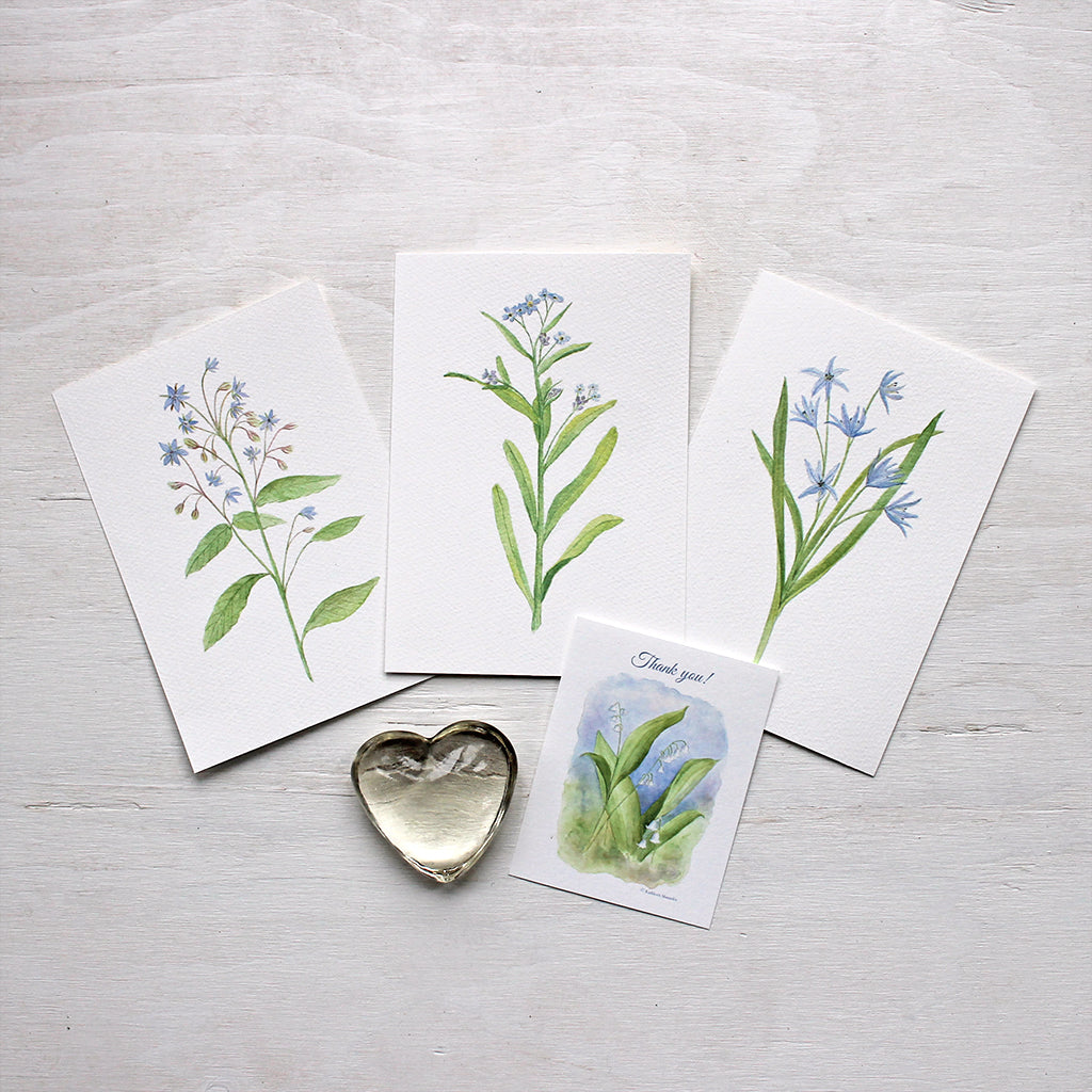 Blue watercolour prints - Set of three - Borage, Scilla and Forget-me-nots by artist Kathleen Maunder