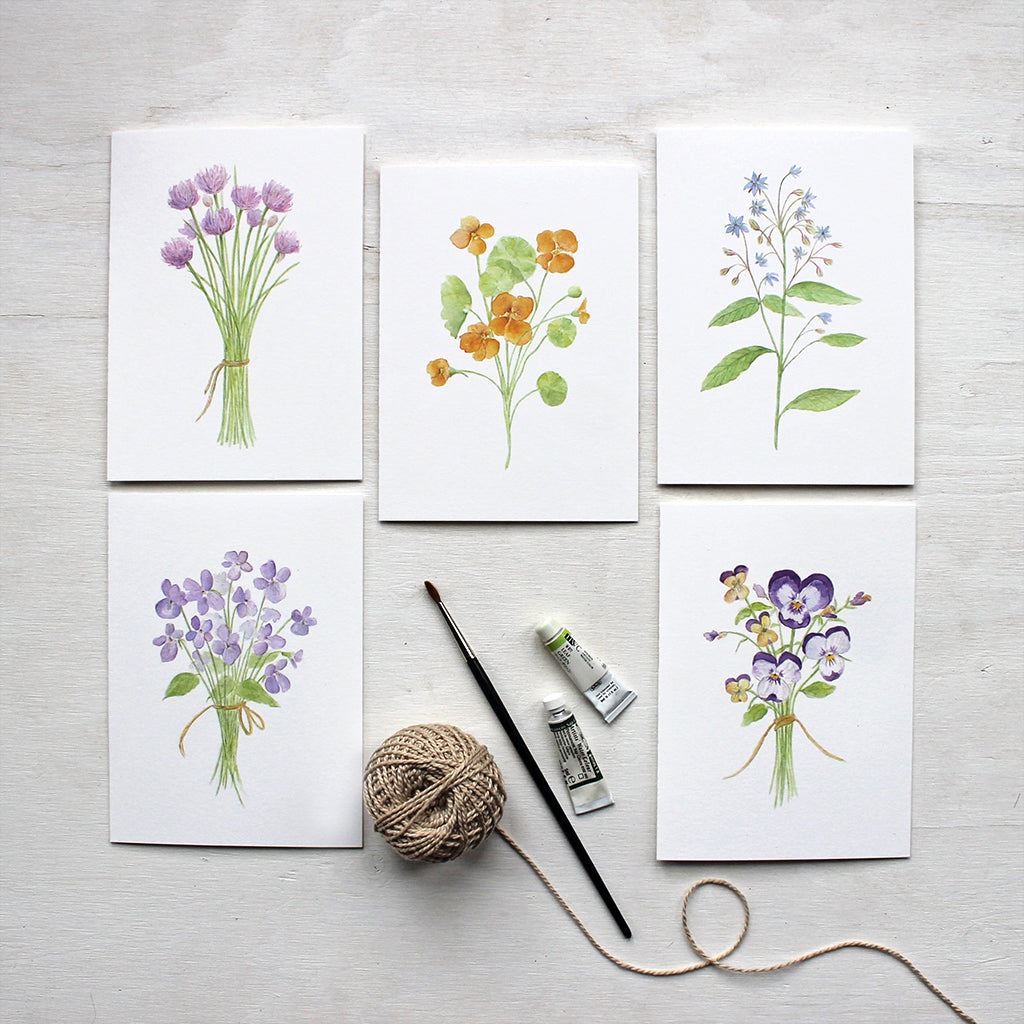 Botanical note card assortment featuring watercolor paintings by Kathleen Maunder