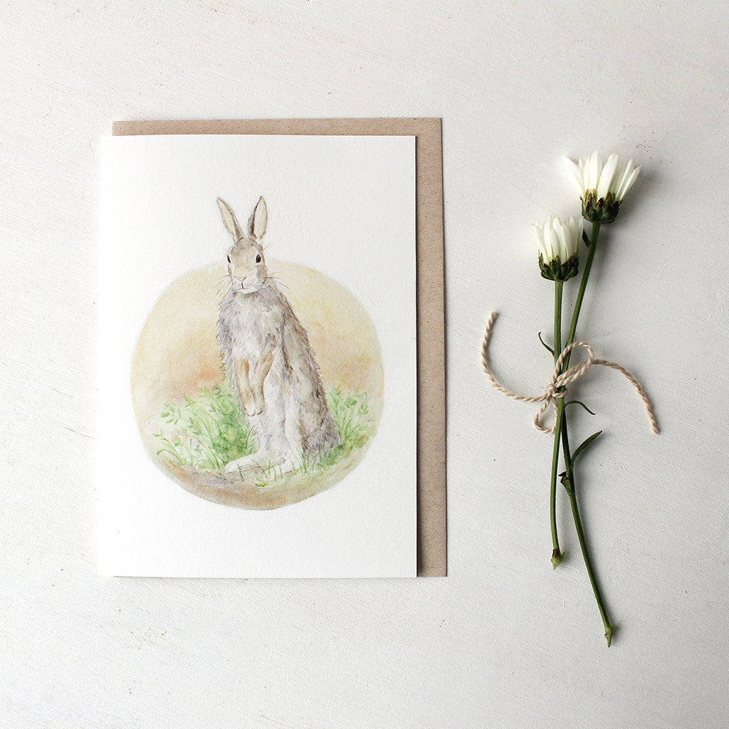 Watercolor card featuring rabbit painting by Kathleen Maunder