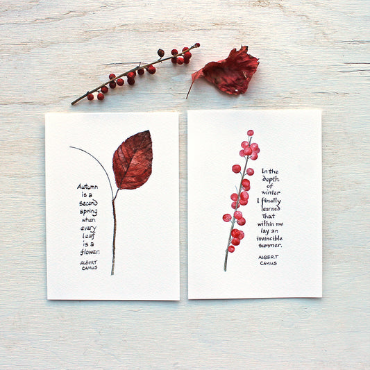 Autumn leaf and Winterberry watercolors with quotes by Albert Camus