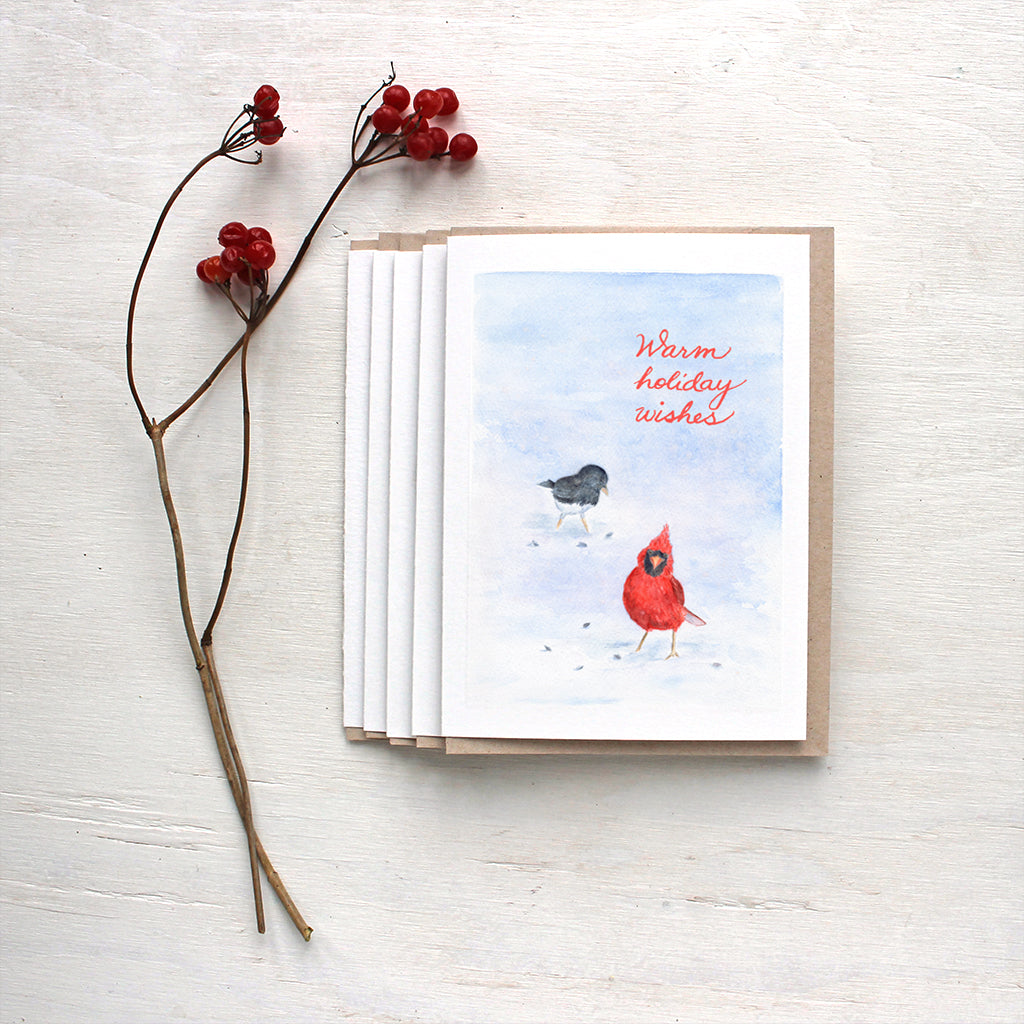 Cardinal and Junco Bird Holiday Cards featuring a watercolor by Kathleen Maunder