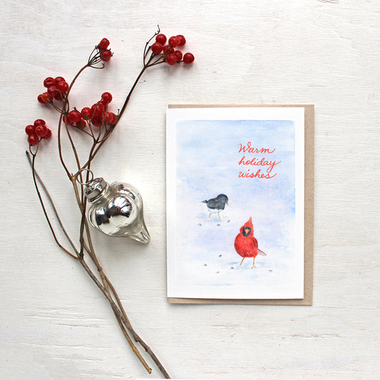 Cardinal and Junco Watercolor Bird Holiday Cards by Kathleen Maunder