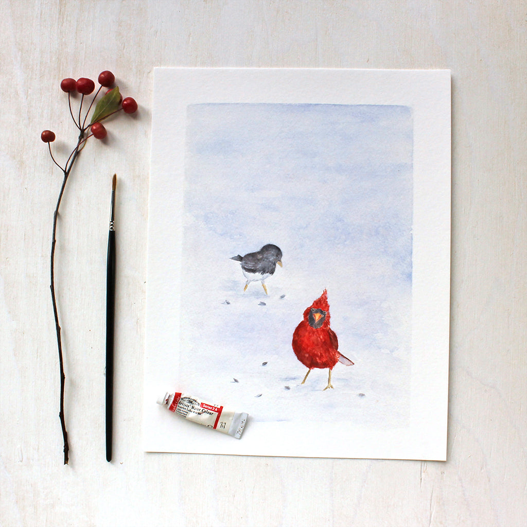 Cardinal and Junco - Bird Art Print by Watercolor Artist Kathleen Maunder