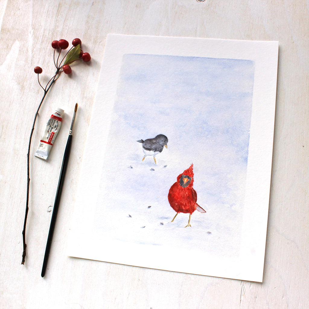 Cardinal and Junco - Winter Bird Art Print by Watercolor Artist Kathleen Maunder