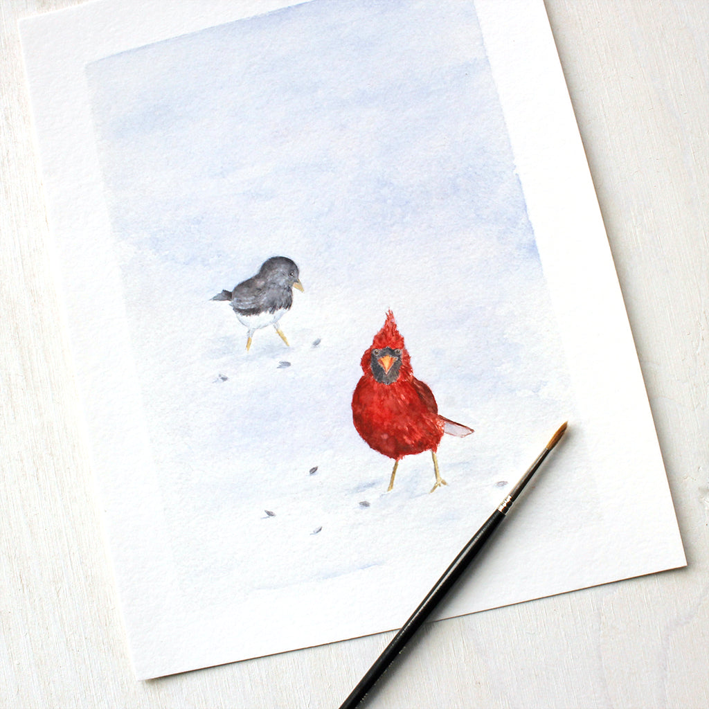 Closeup of Cardinal and Junco Bird Art Print by Watercolor Artist Kathleen Maunder