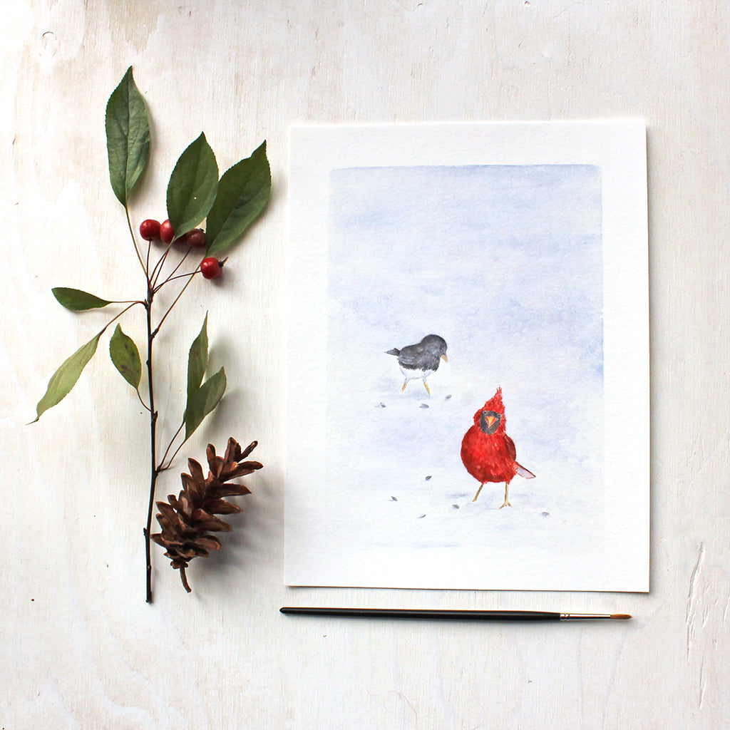 Cardinal and Junco - Bird Art Print by Watercolor Artist Kathleen Maunder