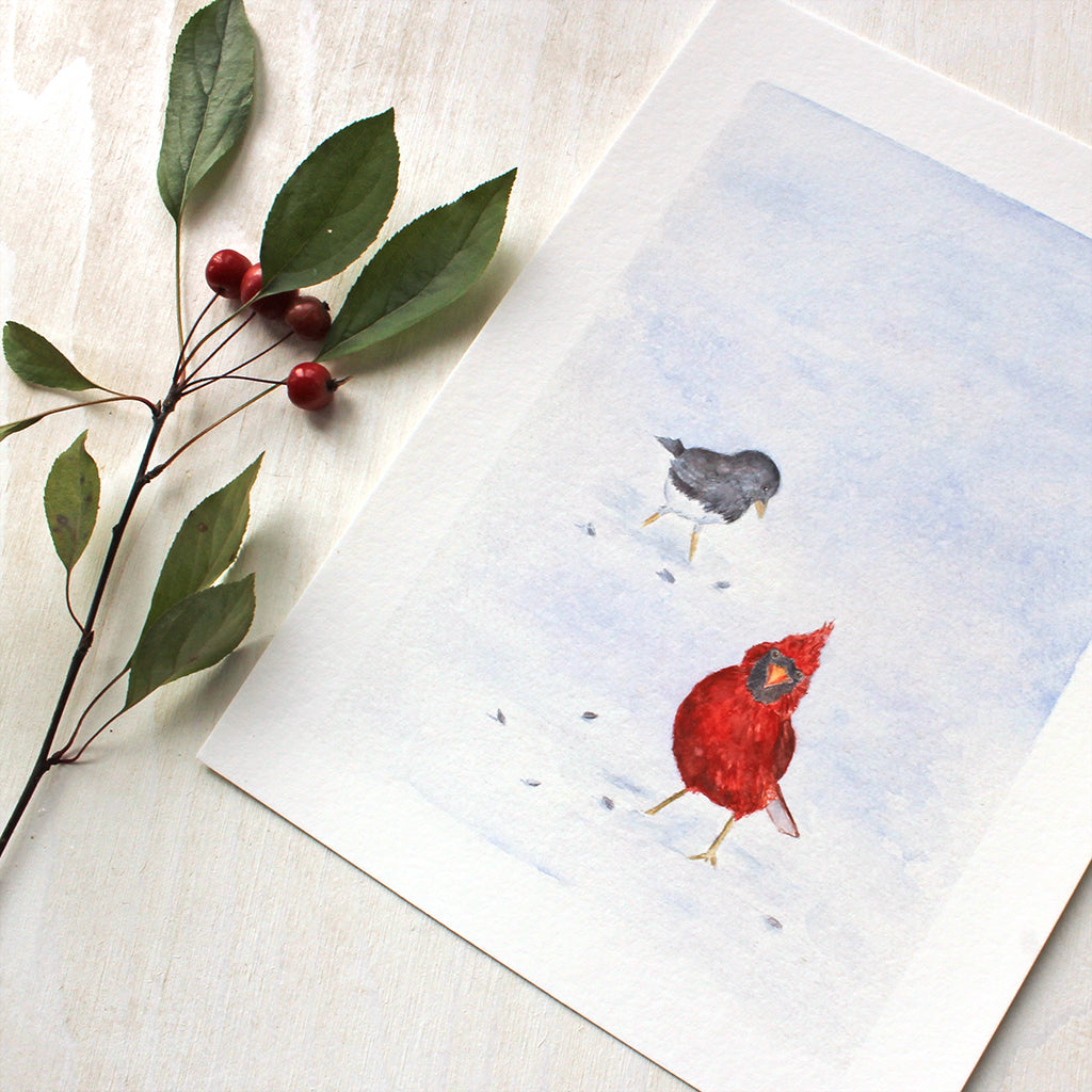 Closeup of Cardinal and Junco Bird Art Print by Watercolor Artist Kathleen Maunder