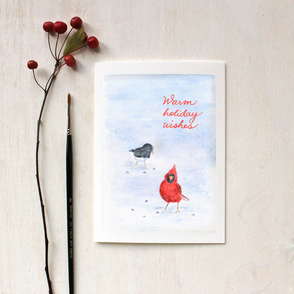 Cardinal and Junco Bird Holiday Cards featuring a watercolour by Kathleen Maunder