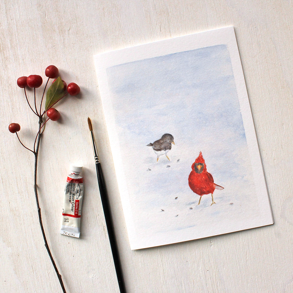 Cardinal and Junco - Winter Bird Note Cards by Watercolor Artist Kathleen Maunder