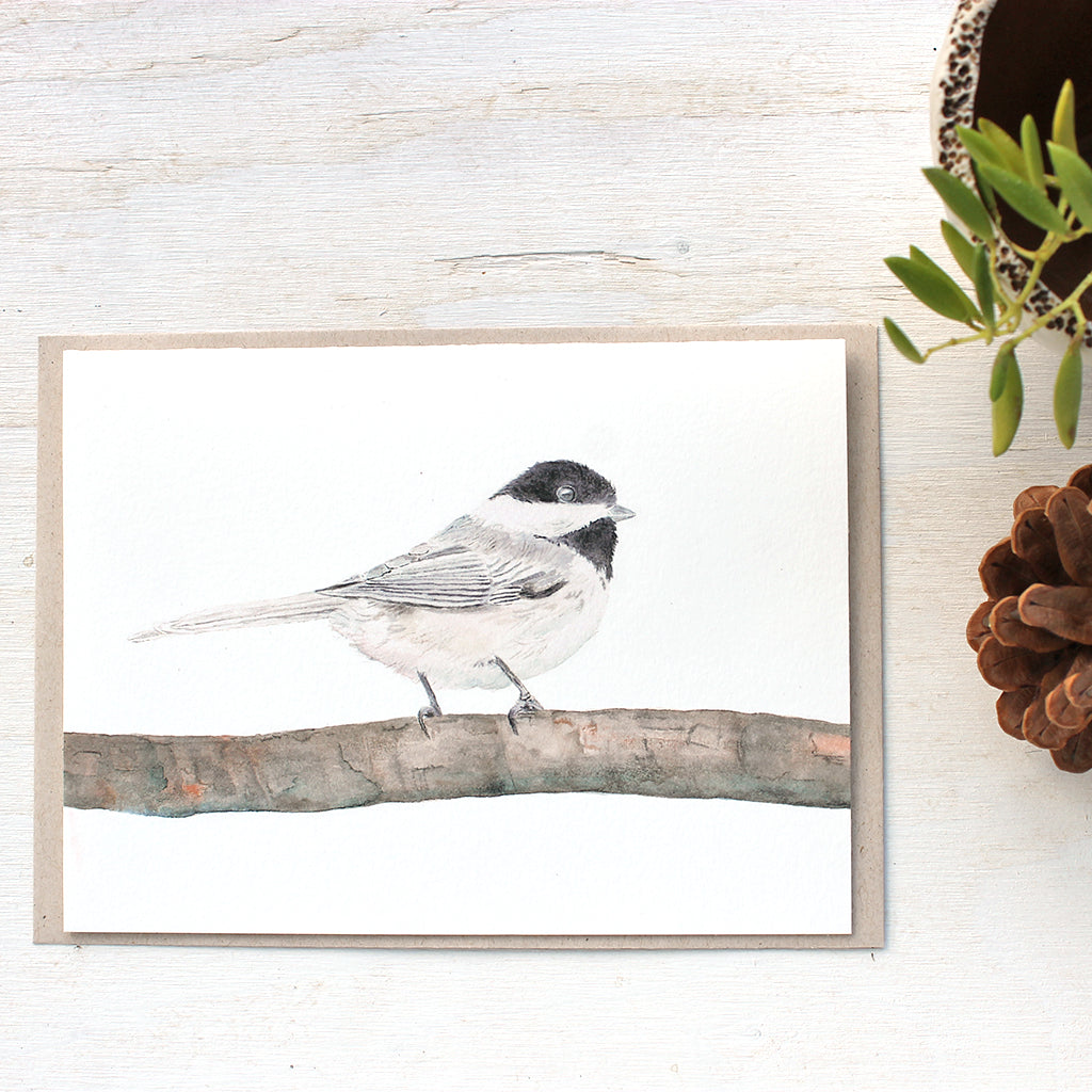 Note cards with a watercolor painting of a chickadee. Artist Kathleen Maunder.