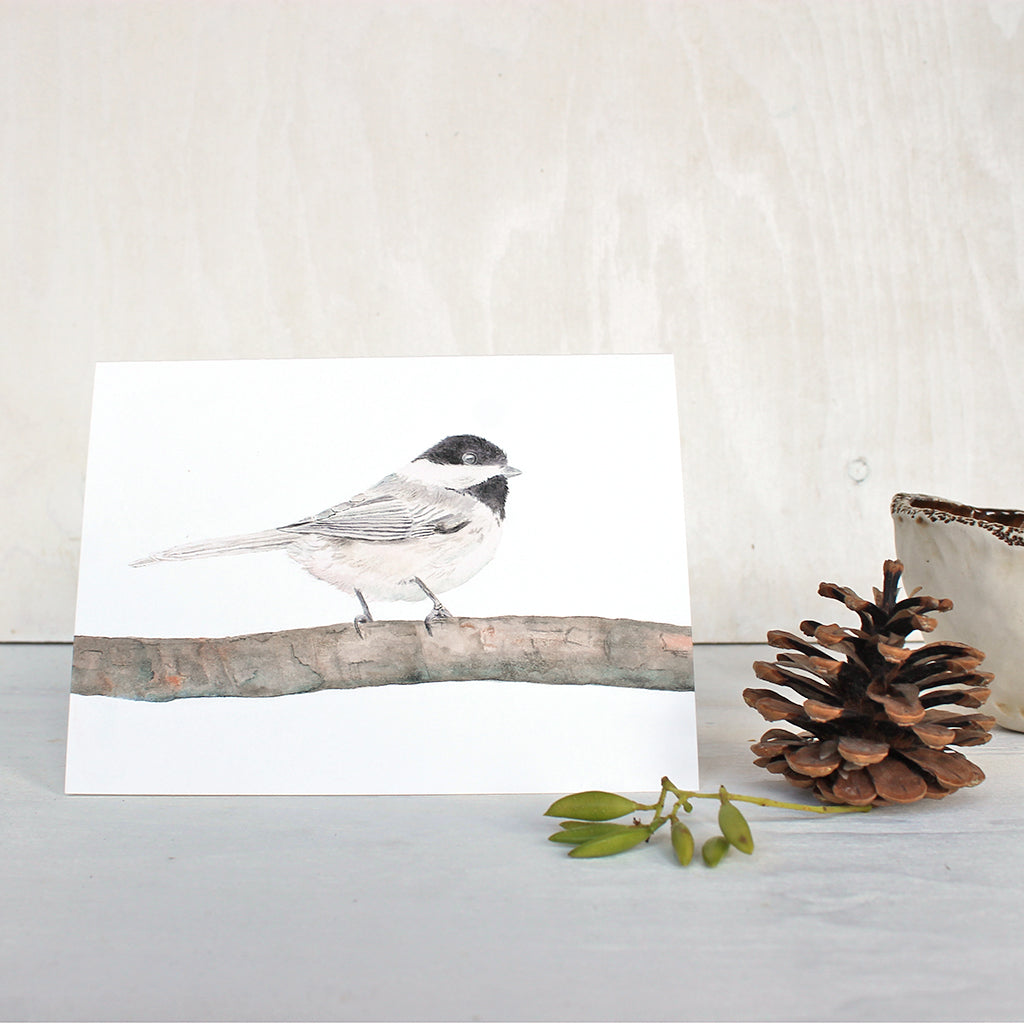 Note cards with a delicate watercolor painting of a chickadee. Artist Kathleen Maunder.