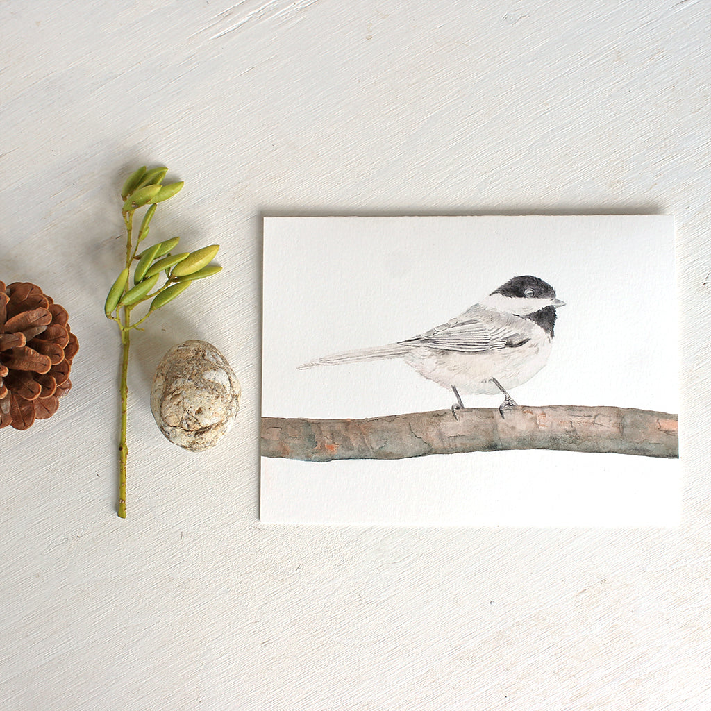 Note cards with a watercolor painting of a black-capped chickadee. Artist Kathleen Maunder.