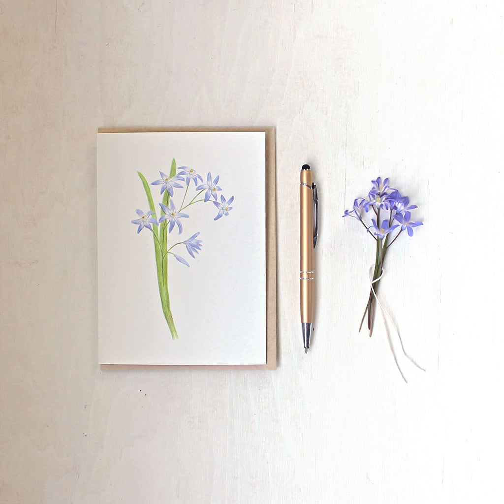 A note card featuring a watercolor painting of blue-mauve chionodoxa (glory of the snow) by artist Kathleen Maunder.