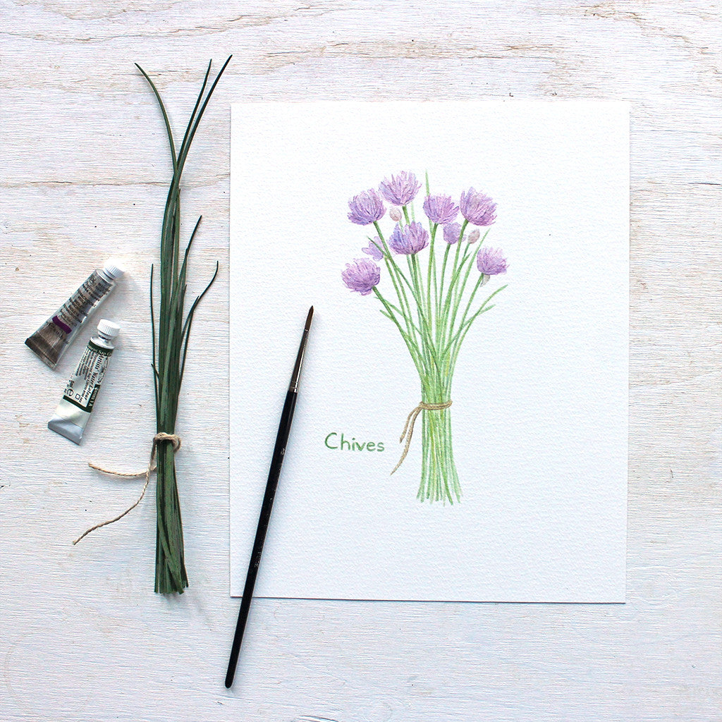 Watercolor painting of a bunch of purple chive flowers and stems tied with string by Kathleen Maunder, Trowel and Paintbrush