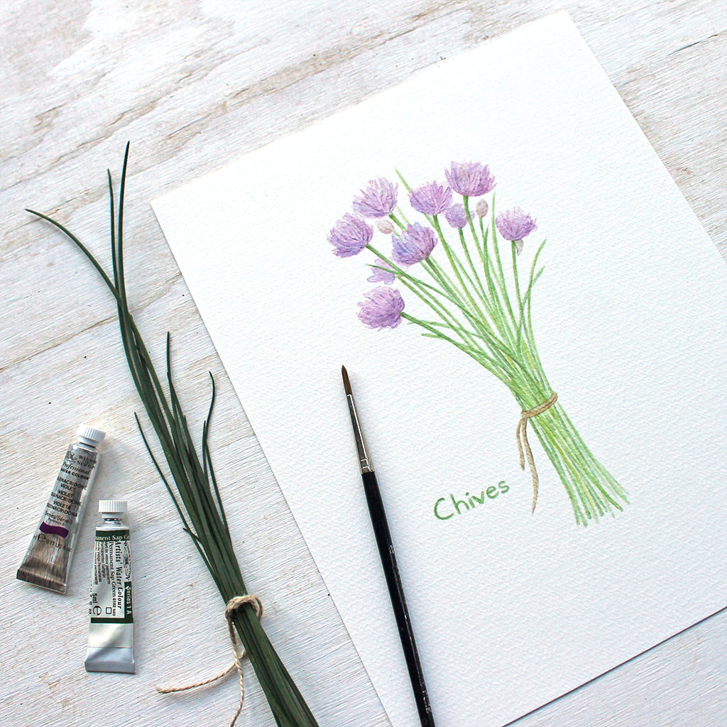 Chives watercolor print by artist Kathleen Maunder of Trowel and Paintbrush