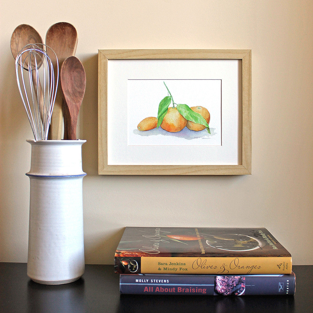 Framed clementines and kumquat watercolor print by Kathleen Maunder, trowelandpaintbrush.com