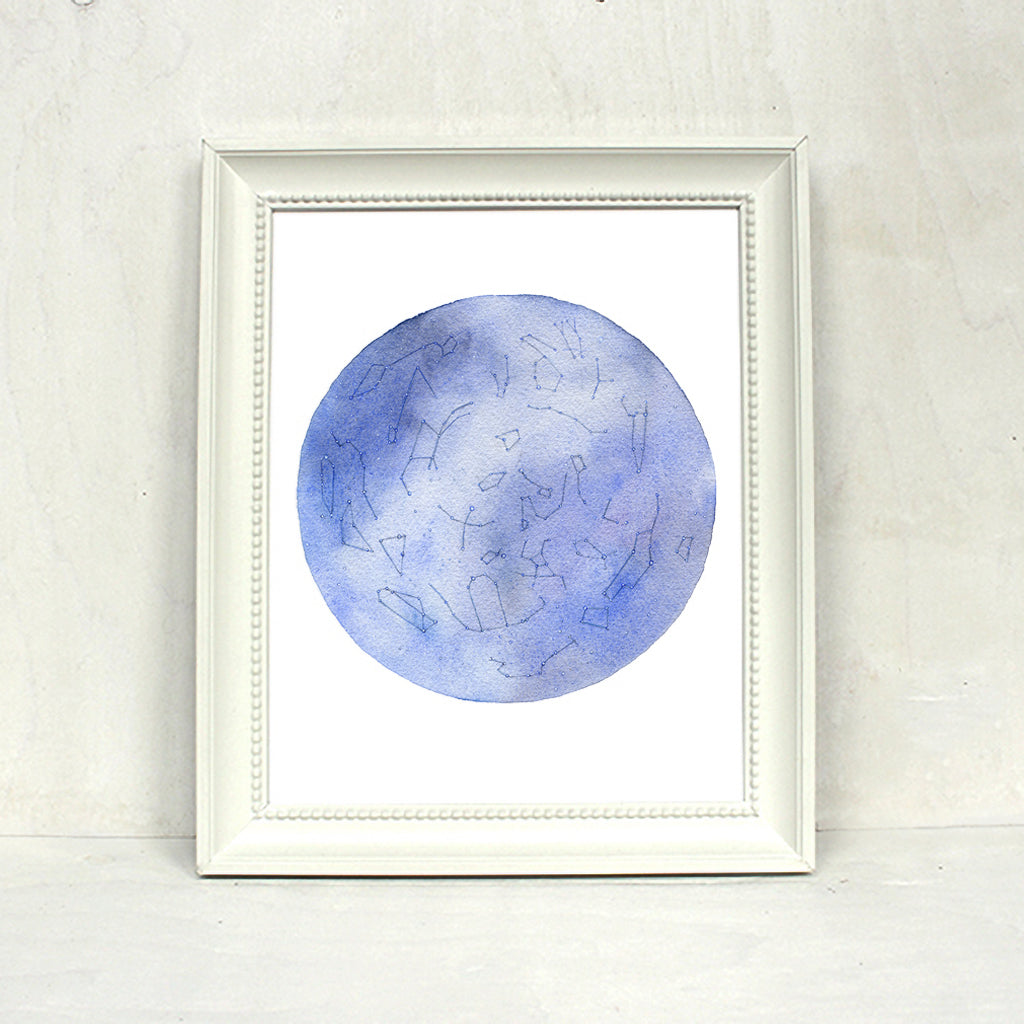 Framed constellation watercolor print of late spring/early summer sky in the northern hemisphere. Artist Kathleen Maunder of Trowel and Paintbrush