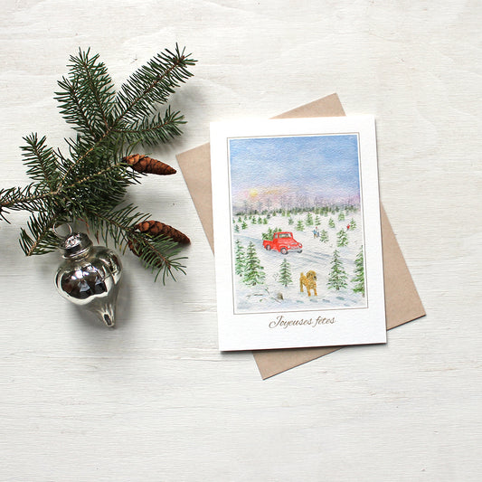Carte de Noël avec aquarelle d'une ferme de sapins par Kathleen Maunder