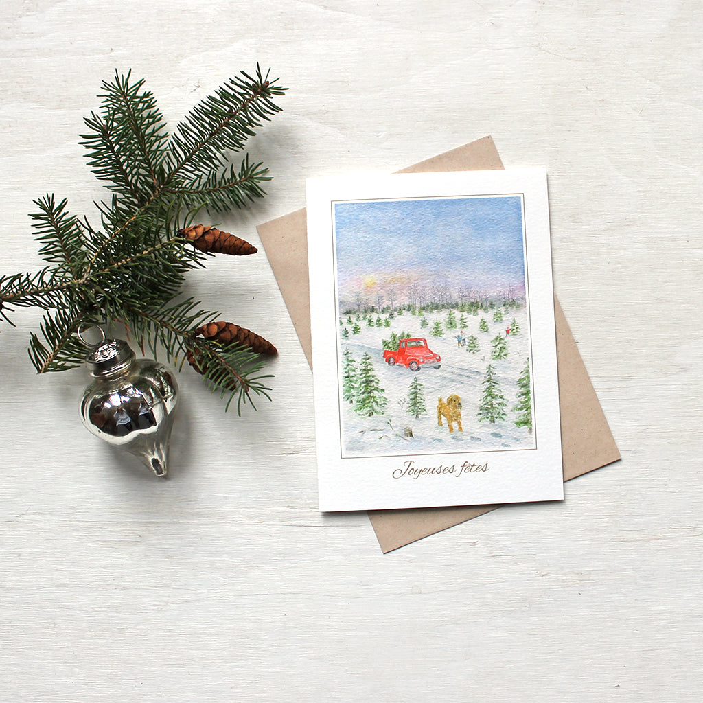 Carte de Noël avec aquarelle d'une ferme de sapins par Kathleen Maunder