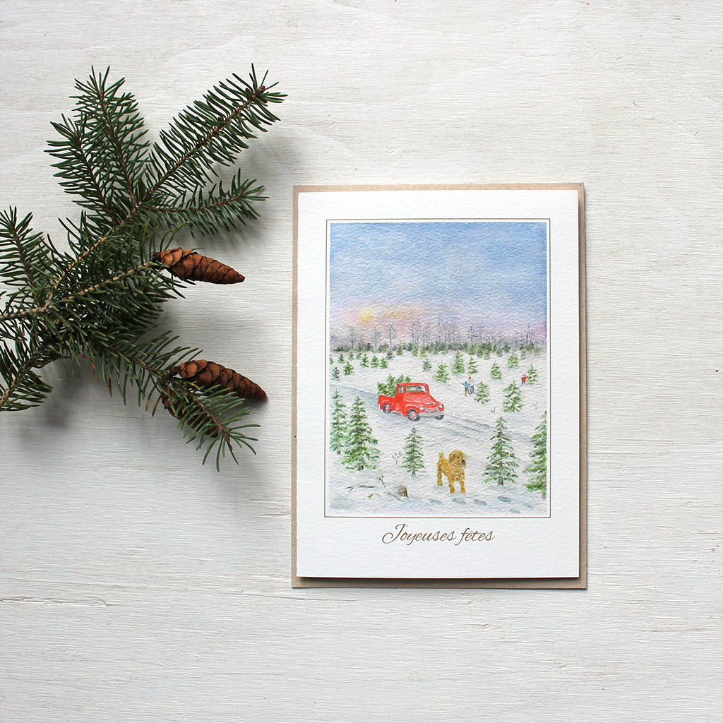 Carte de voeux avec aquarelle d'une ferme de sapins de Noël