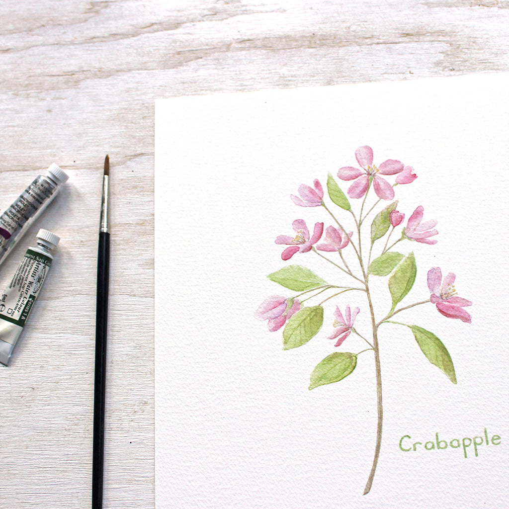 A close up of an art print featuring a watercolor painting of a twig of pink crabapples. Artist Kathleen Maunder.