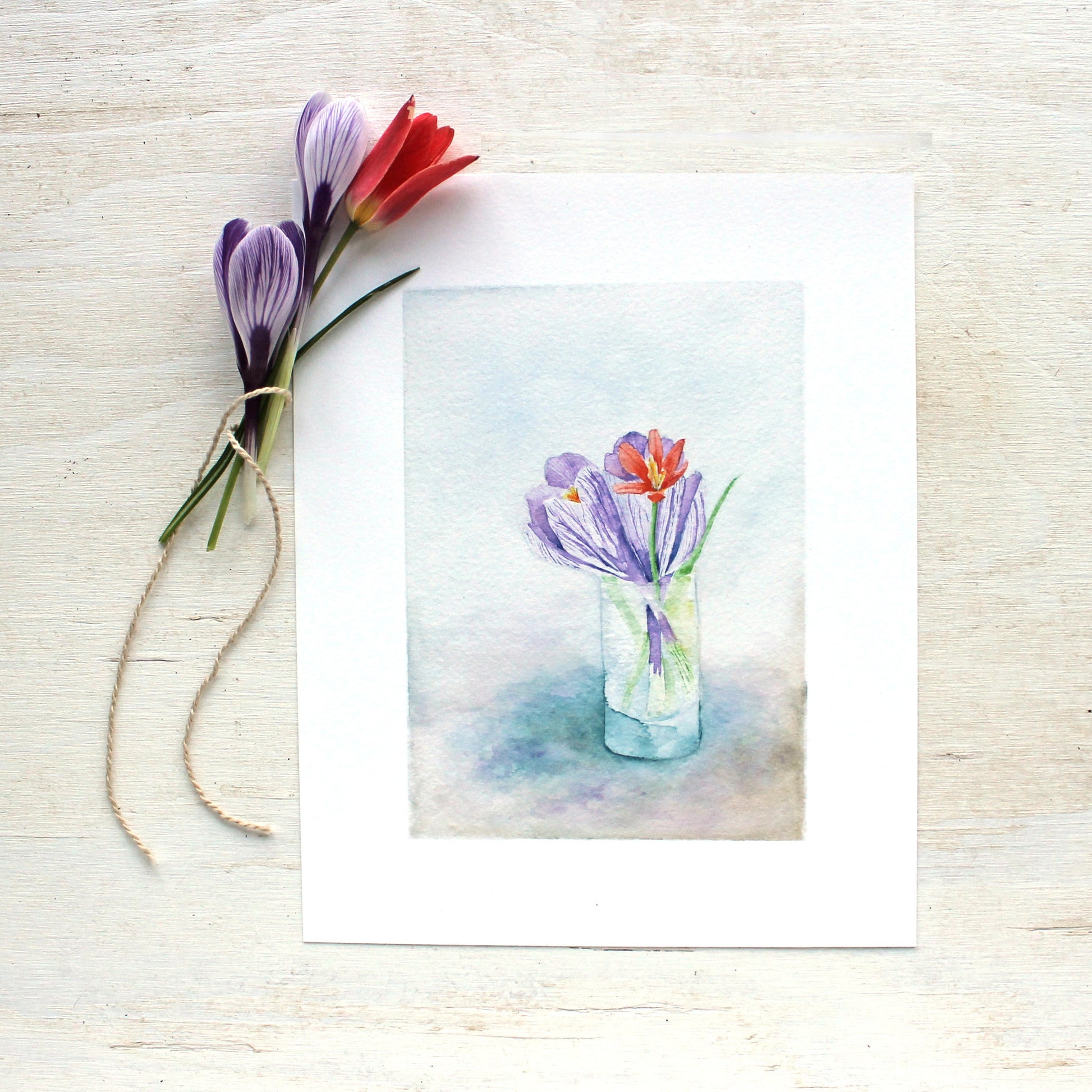 Tiny crocus and tulip bouquet by watercolor artist Kathleen Maunder