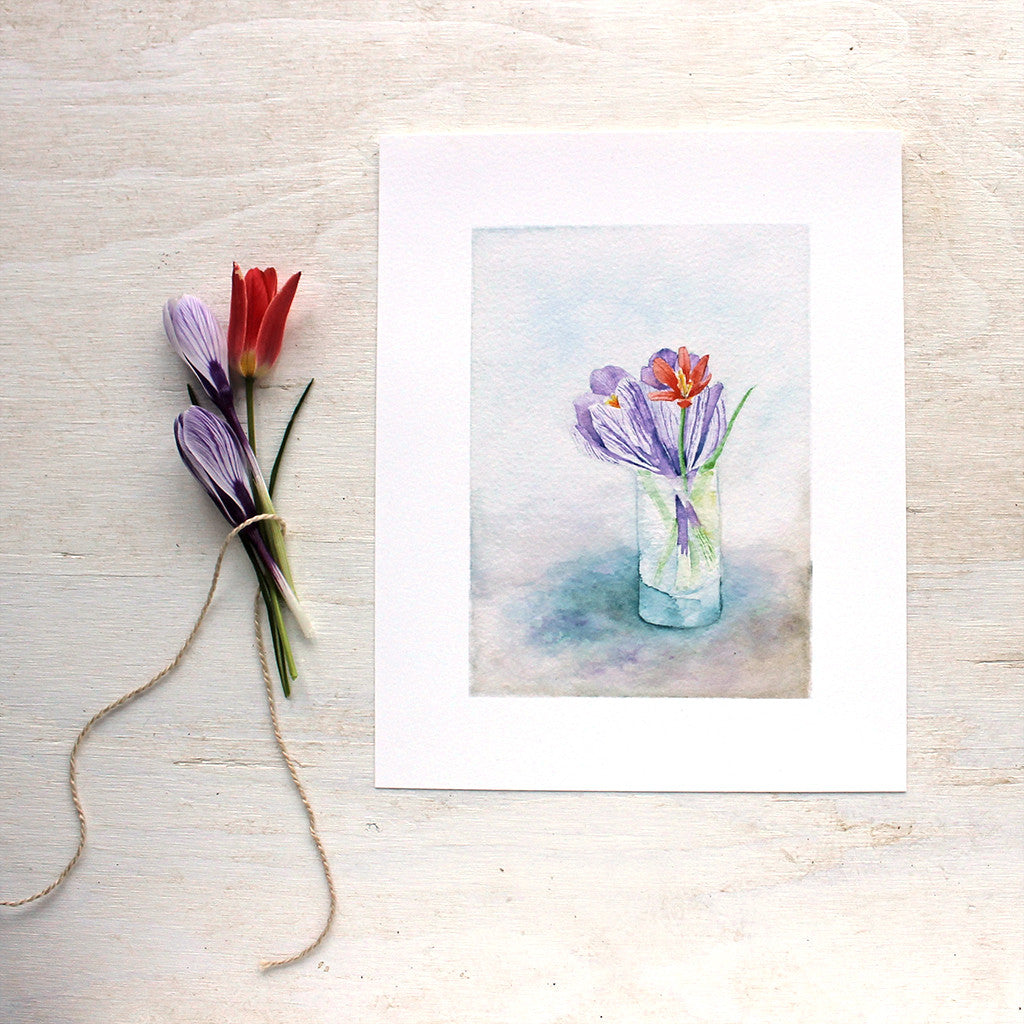 Tiny crocus and tulip bouquet by watercolor artist Kathleen Maunder