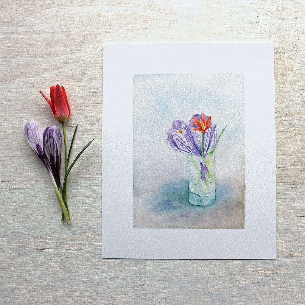 Tiny crocus and tulip bouquet by watercolor artist Kathleen Maunder