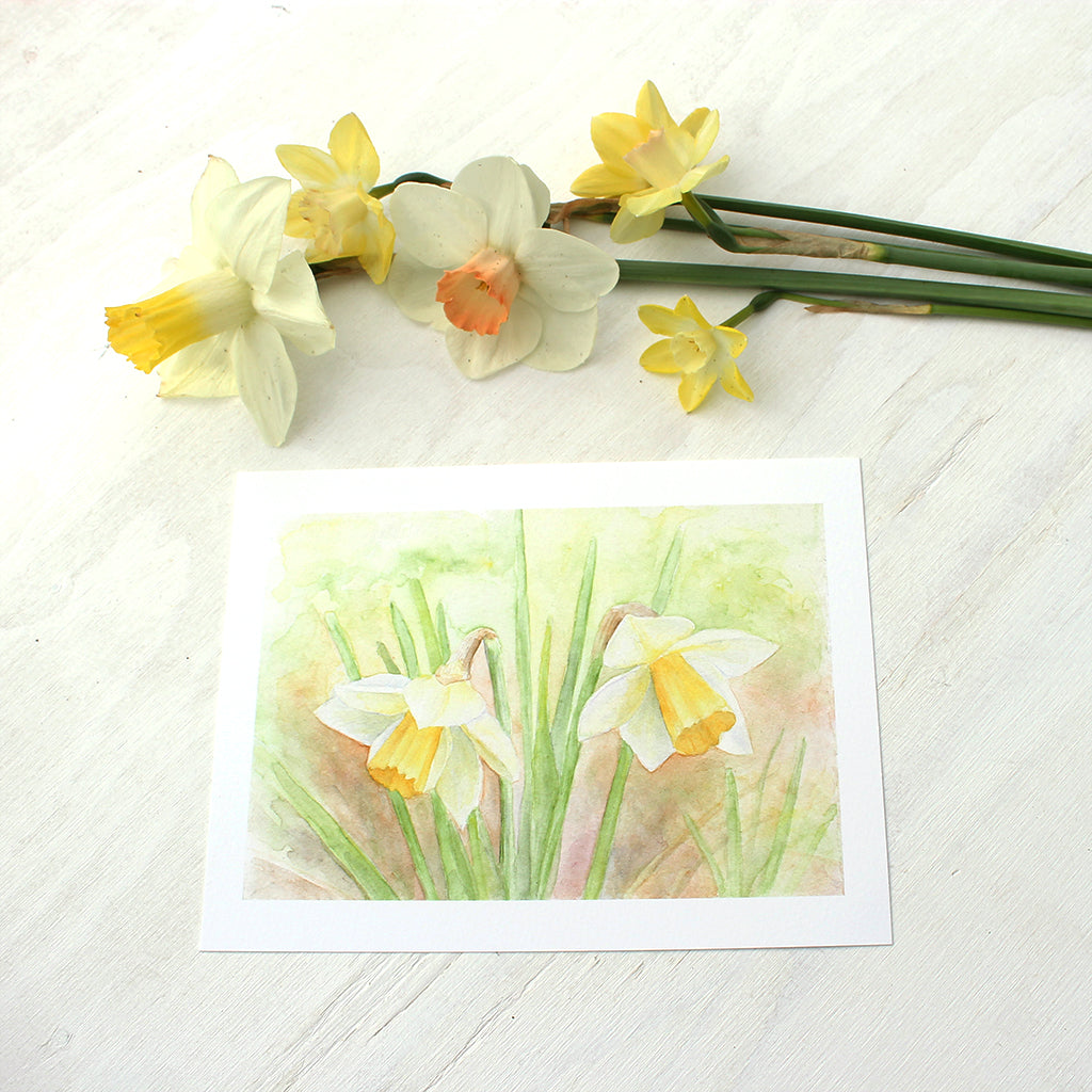 Print featuring a watercolour painting of two daffodils by Kathleen Maunder