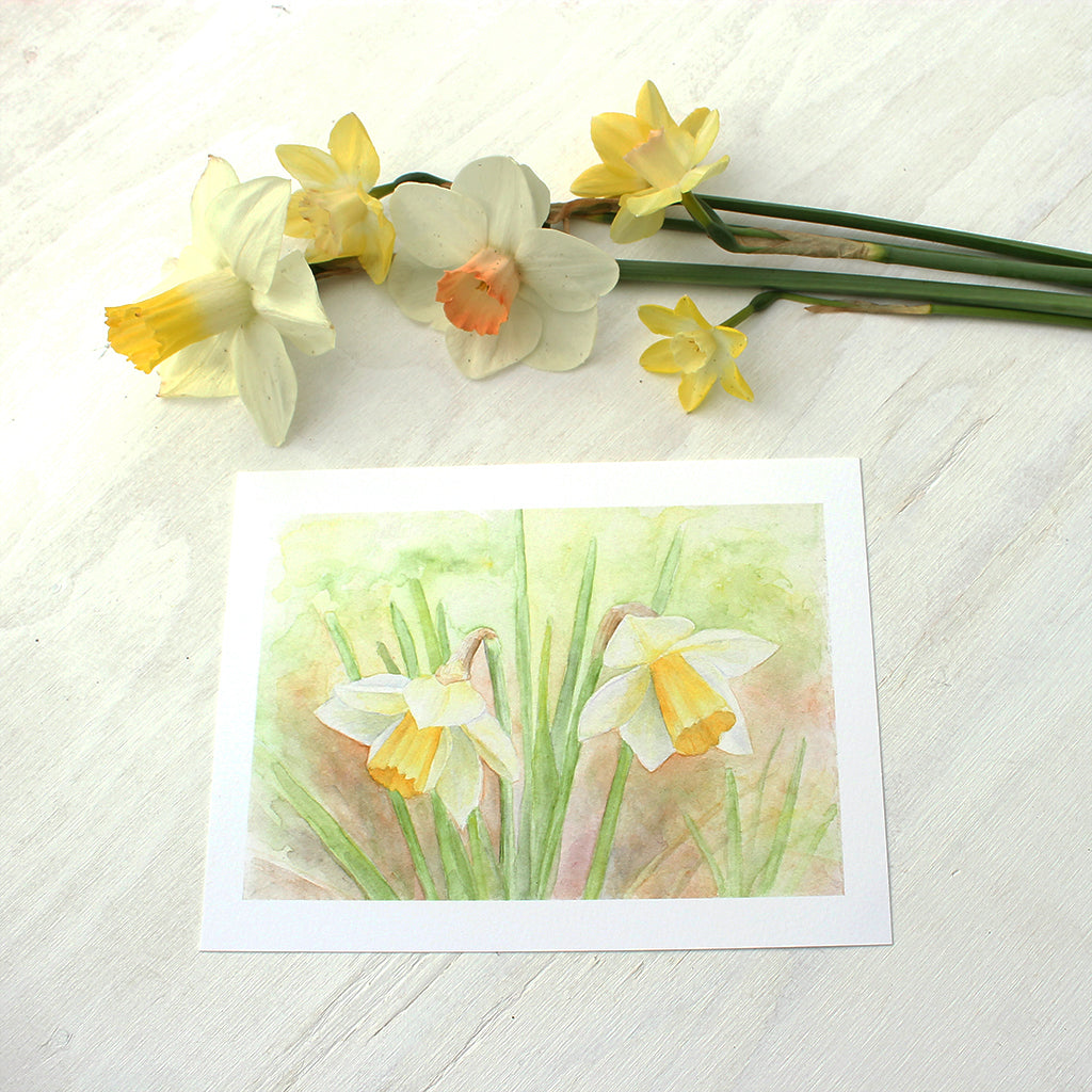 Art Print of a watercolor depicting two yellow daffodils by Kathleen Maunder