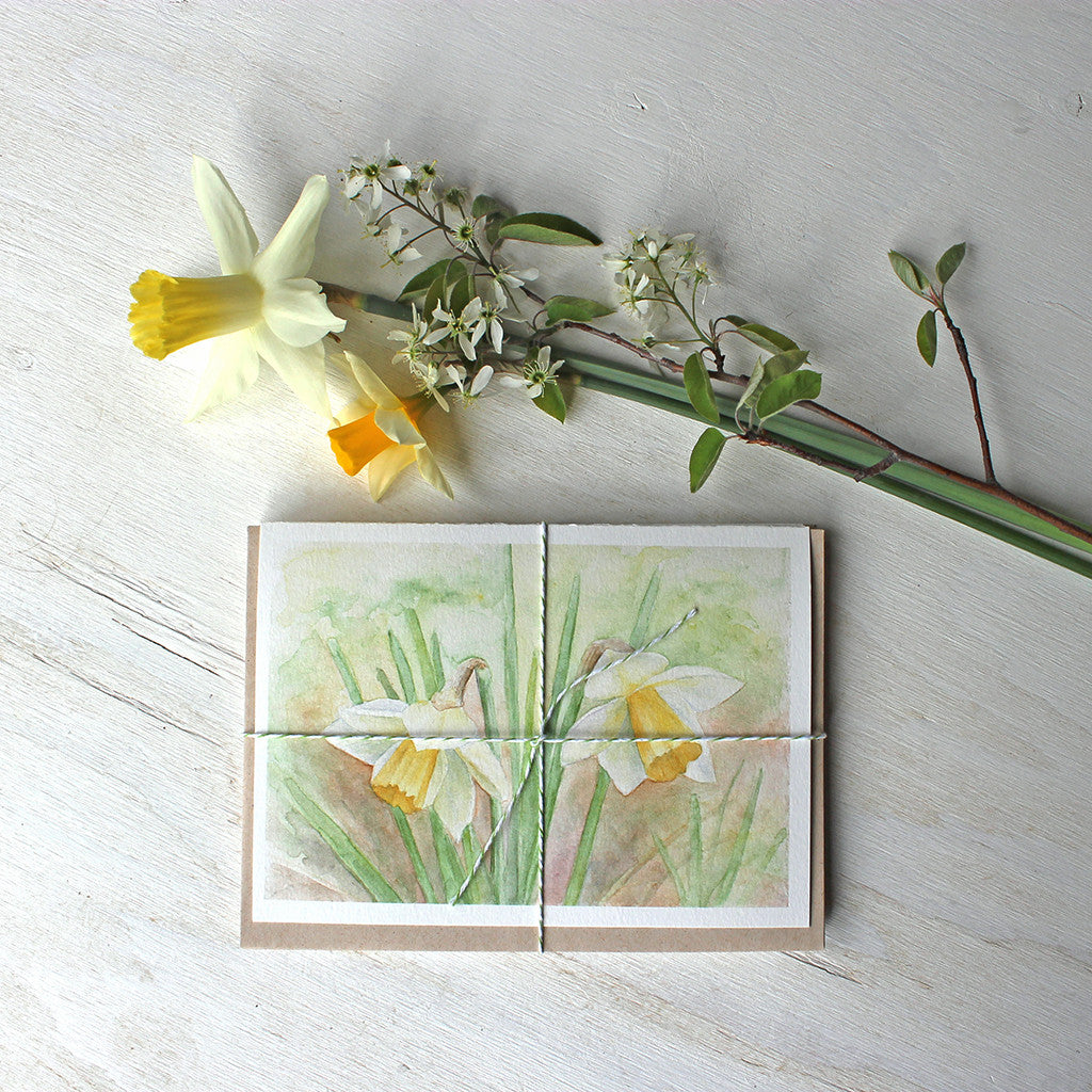 Watercolor note card set featuring two daffodils by Kathleen Maunder 