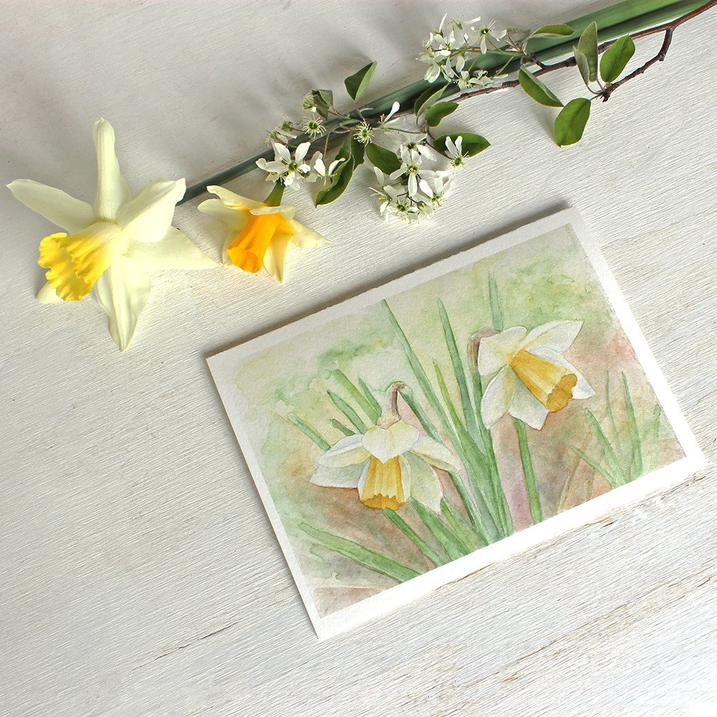 Daffodil watercolor painting featured on lovely note cards. Artist - Kathleen Maunder.