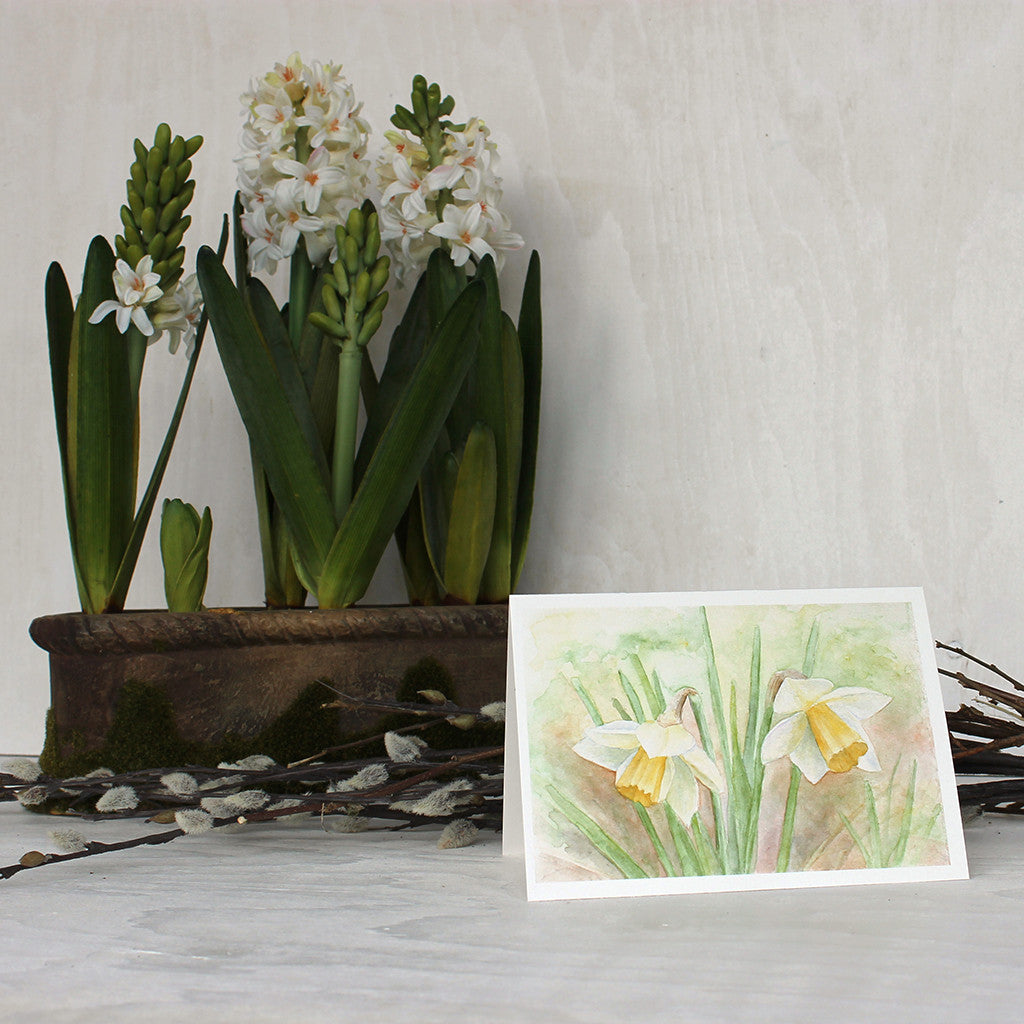 Daffodil watercolour painting featured on lovely blank note cards by Kathleen Maunder.